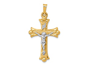 14K Yellow and White Gold Textured Polished INRI Crucifix Cross Pendant