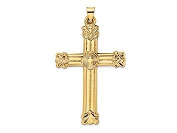 Picture of 14k Yellow Gold Polished and Textured Solid Circle Center Cross Pendant