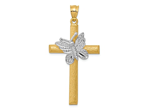 14K Yellow Gold and 14K White Gold Polished Textured Cross with Butterfly Pendant