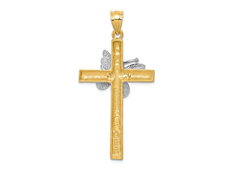 14K Yellow Gold and 14K White Gold Polished Textured Cross with Butterfly Pendant