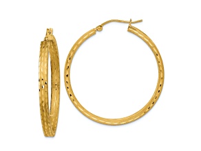 14k Yellow Gold 1 1/2" Satin and Diamond-cut Hoop Earrings