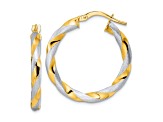 14k Yellow Gold and Rhodium Over 14k Yellow Gold Brushed and Polished 1 1/16" Twisted Hoop Earrings