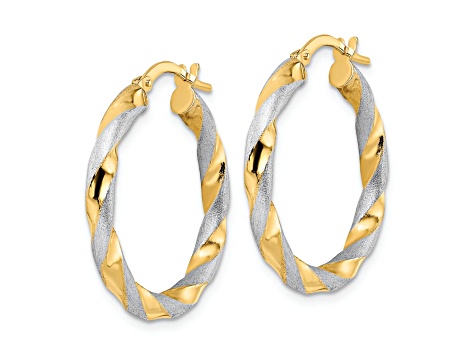 14k Yellow Gold and Rhodium Over 14k Yellow Gold Brushed and Polished 1 1/16" Twisted Hoop Earrings