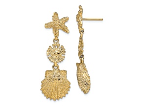 14K Yellow Gold Textured Starfish, Sand Dollar and Scallop Shell Dangle Earrings