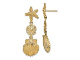 14K Yellow Gold Textured Starfish, Sand Dollar and Scallop Shell Dangle Earrings