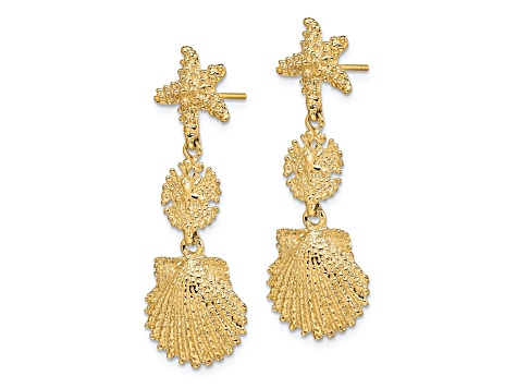 14K Yellow Gold Textured Starfish, Sand Dollar and Scallop Shell Dangle Earrings