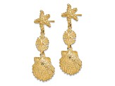 14K Yellow Gold Textured Starfish, Sand Dollar and Scallop Shell Dangle Earrings