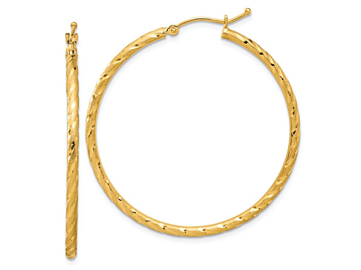 14k Yellow Gold 1 5/8" Polished Satin and Diamond-Cut Hoop Earrings