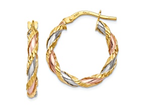 14k Tri-color Gold 7/8" Textured Twisted Hoop Earrings