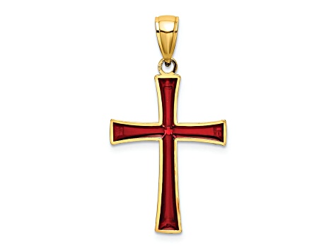 14k Yellow Gold Red Enameled Cross Pendant