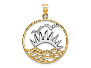14K Yellow Gold with White Rhodium Sunset and Water In Circle Charm