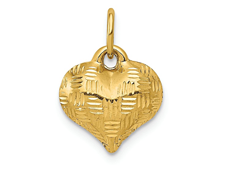 14k Yellow Gold Polished and Diamond-Cut Basket Weave Pattern 3D Heart Pendant
