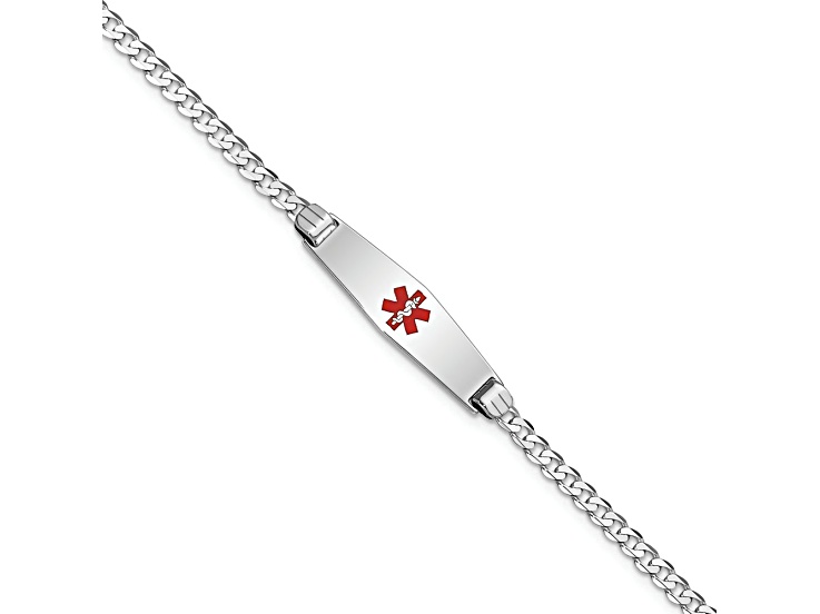 Rhodium Over 14k White Gold Medical Soft Diamond Shape Red Enamel Flat Curb Link ID Bracelet
