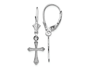 Rhodium Over 10k White Gold Textured Cross Dangle Earrings