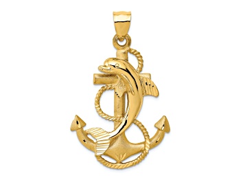 Picture of 14k Yellow Gold Diamond-Cut and Satin Dolphin on Anchor Pendant