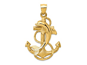 14k Yellow Gold Diamond-Cut and Satin Dolphin on Anchor Pendant