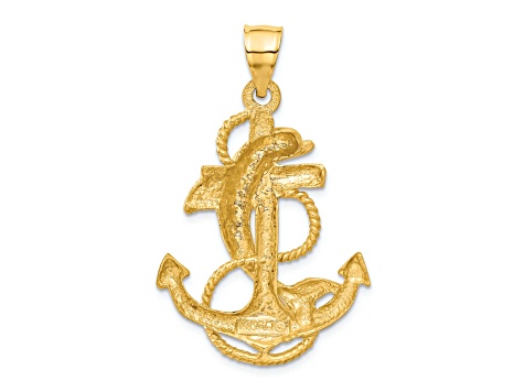 14k Yellow Gold Diamond-Cut and Satin Dolphin on Anchor Pendant