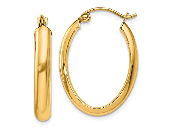 10k Yellow Gold 1" Polished Oval Tube Hoop Earrings