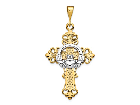 14k Yellow Gold and 14k White Gold Textured Claddagh Cross Pendant
