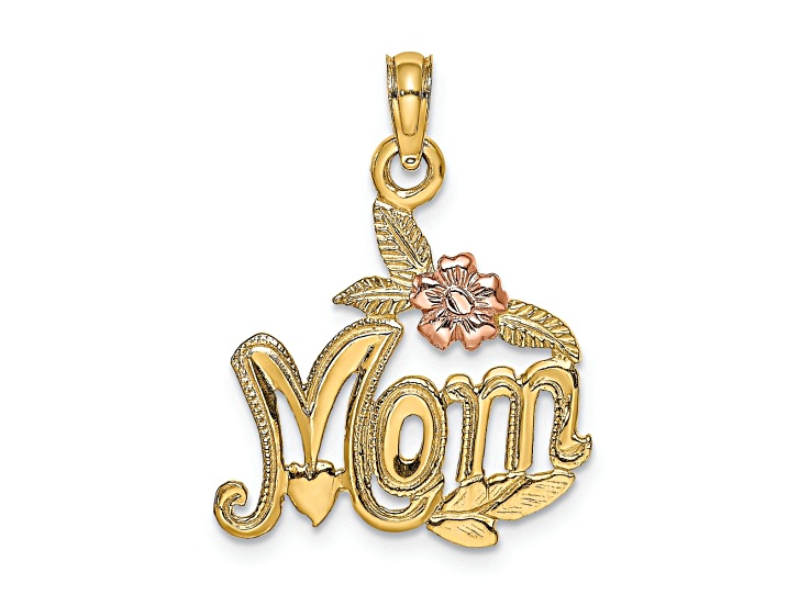 14K Two-tone Gold Polished Textured MOM and Flower Pendant
