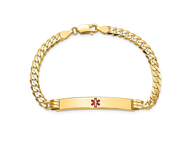 14k Yellow Gold Medical Red Enamel Curb Link ID Bracelet