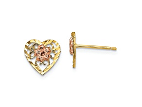 14K Yellow Gold and 14K Rose Gold Diamond-Cut Heart and Flower Stud Earrings