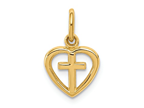 14K Yellow Gold Cross in Heart Charm Pendant