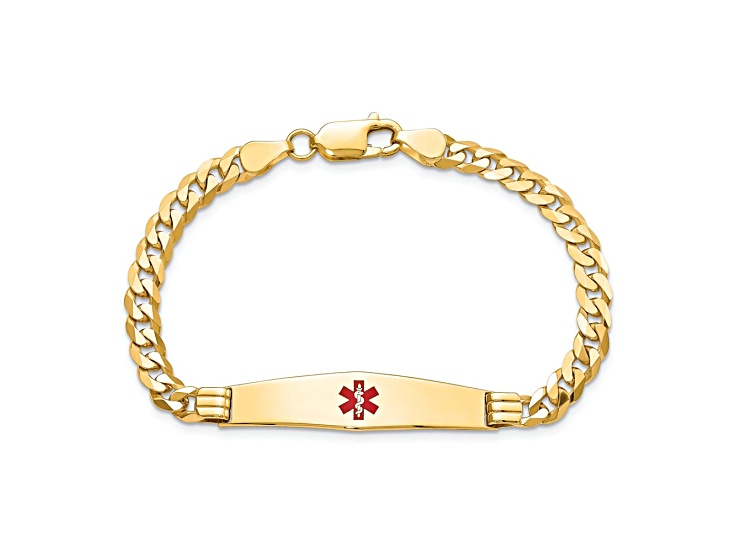14k Yellow Gold Medical Soft Diamond Shape Red Enamel Curb Link ID Bracelet