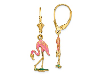 Picture of 14k Yellow Gold with Pink and Green Enamel 3D Flamingo Dangle Earrings