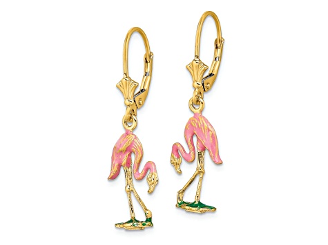 14k Yellow Gold with Pink and Green Enamel 3D Flamingo Dangle Earrings