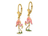 14k Yellow Gold with Pink and Green Enamel 3D Flamingo Dangle Earrings