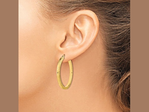 14k Yellow Gold 1 5/8" Polished and Hammered Hoop Earrings