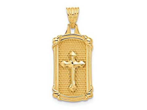 14K Yellow Gold Polished and Textured Dog Tag Cross Pendant