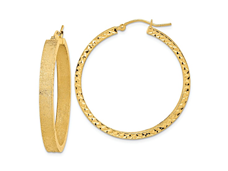 14k Yellow Gold 1 7/16" Satin and Diamond-cut Hoop Earrings