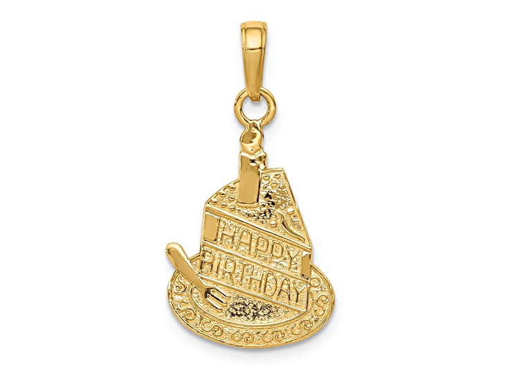 10K Yellow Gold Textured Slice of Cake with Candle Happy Birthday Pendant