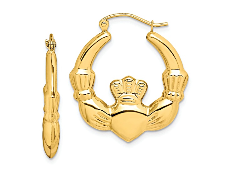10k Yellow Gold 1 1/16" Polished Claddagh Hoop Earrings