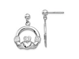 Rhodium Over 14k White Gold Solid Polished Flat-Backed Claddagh Dangle Earrings