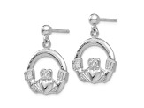 Rhodium Over 14k White Gold Solid Polished Flat-Backed Claddagh Dangle Earrings