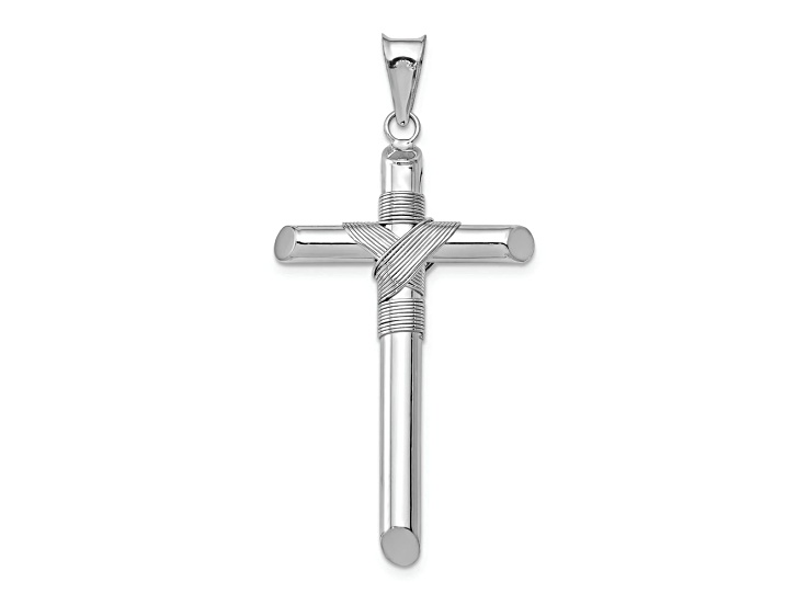 Rhodium Over 14k White Gold 3D Textured with Center Wrap Tube Cross Pendant