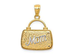 14k Yellow Gold 3D and Rhodium Over 14k Yellow Gold 3D Textured Reversible Mom Handbag Pendant