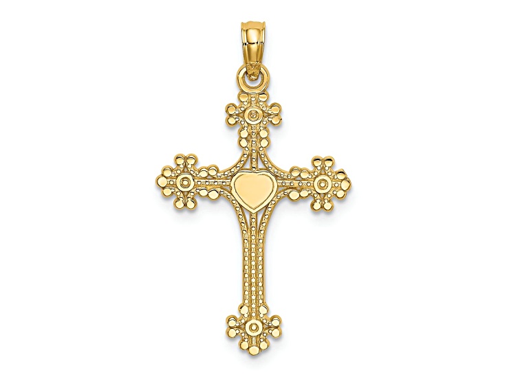 14k Yellow Gold Textured Cross Charm with Beaded Tips and Center Heart