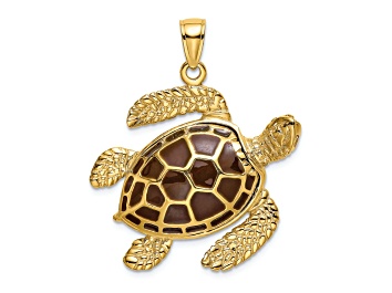 Picture of 14k Yellow Gold 3D Textured Brown Enamel Large Sea Turtle Charm