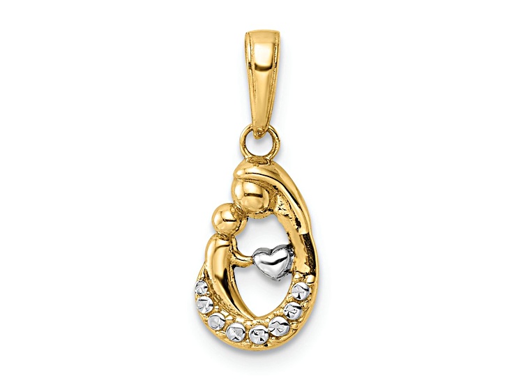 14k Two-tone Gold Diamond-Cut Mother and Baby Teardrop Pendant