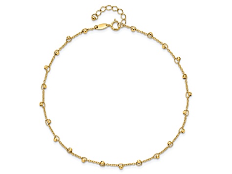 14K Yellow Gold Polished and Diamond-cut Beads 9-inch Plus 1-inch Extension Anklet