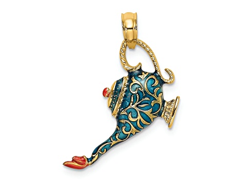 14k Yellow Gold with Enameled 3D Textured Blue Genie Lamp Charm