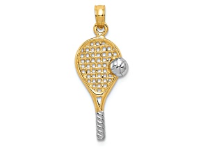 10K Yellow Gold and Rhodium Over 10K Yellow Gold Polished and Textured Tennis Racquet Pendant