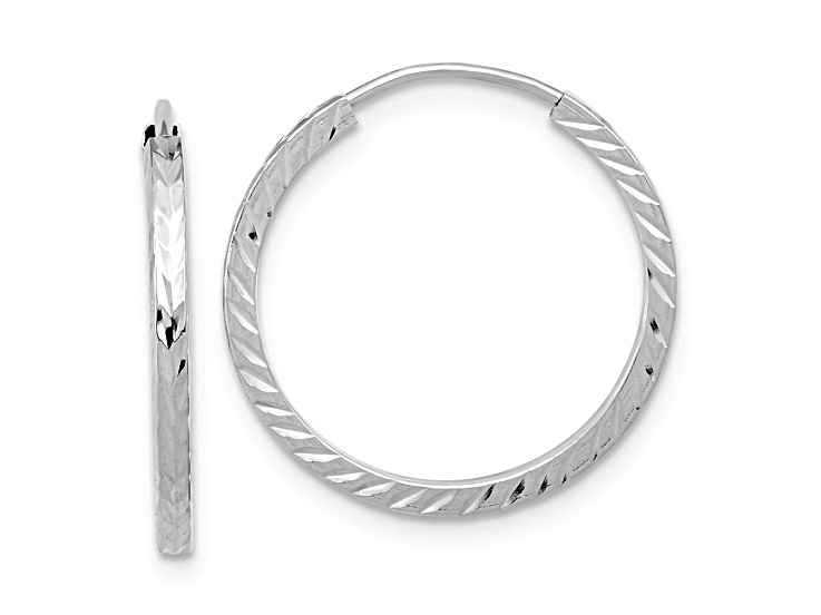 Rhodium Over 10k White Gold 13/16" Diamond-Cut Square Tube Endless Hoop Earrings