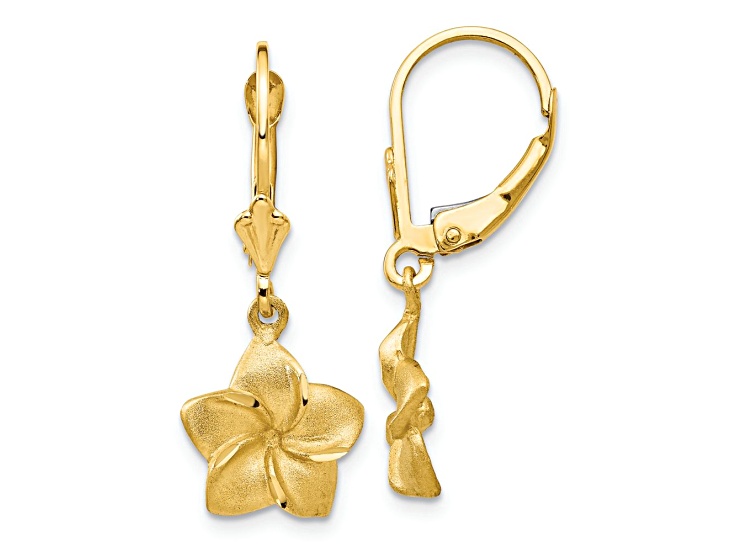 14k Yellow Gold Satin and Diamond-Cut Plumeria Dangle Earrings
