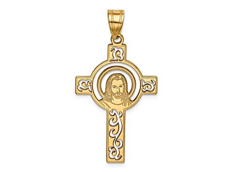14K Yellow Gold Laser Cut Jesus Face Cross Charm