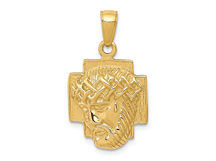 10K Yellow Gold 2D Polished and Textured Small Jesus Head with Crown Pendant